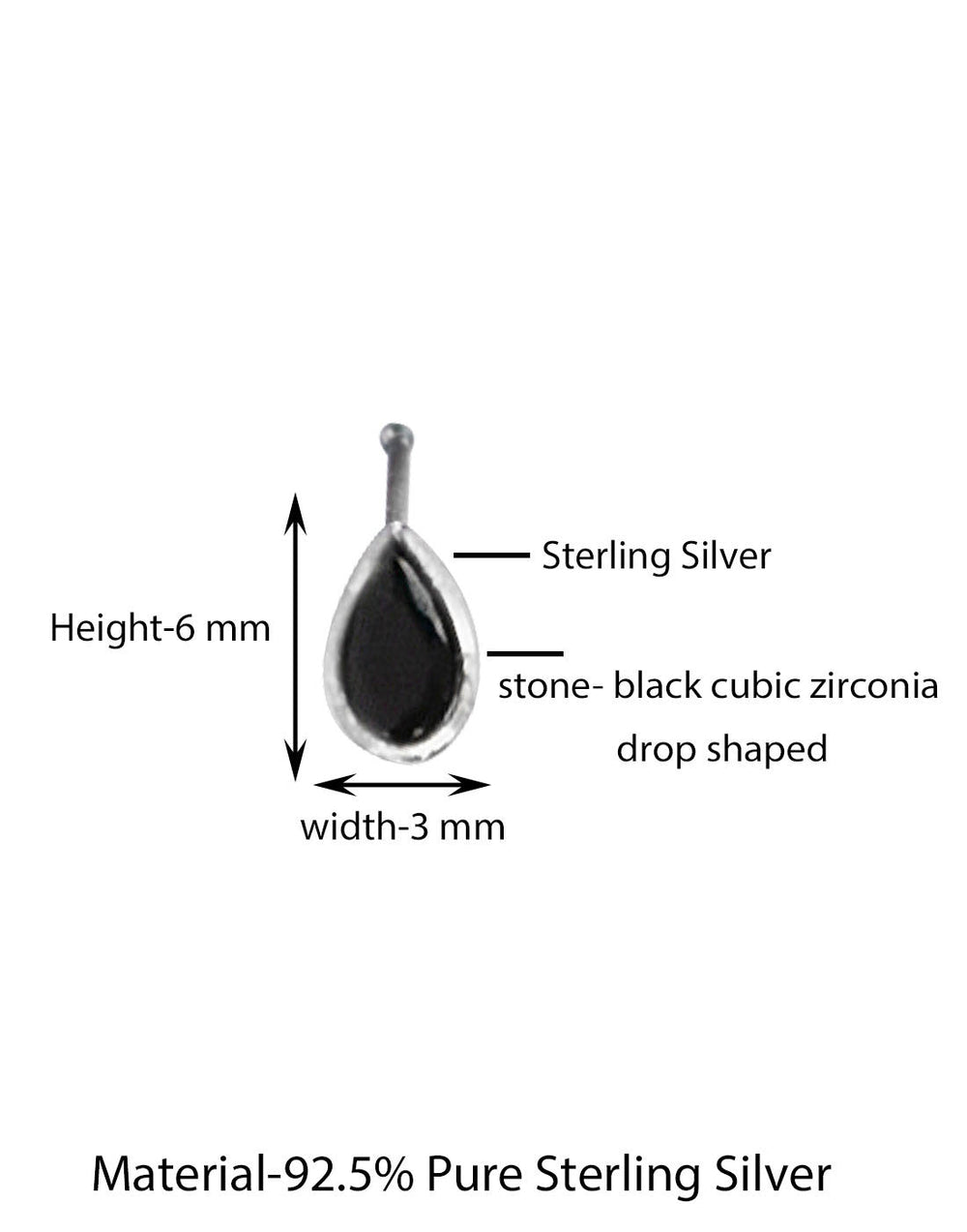 Designer Black CZ Nose Pin with wire in 92.5 Silver