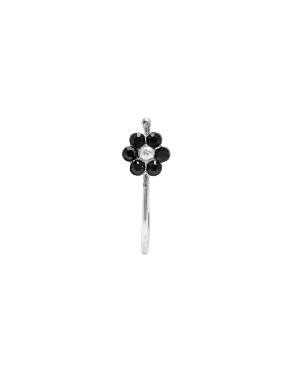 92.5 Sterling Silver Flower Clip on Nose Pin with Black Cubic Zirconia Stones