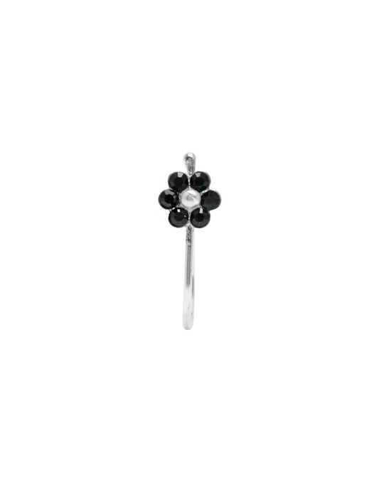 92.5 Sterling Silver Flower Clip on Nose Pin with Black Cubic Zirconia Stones