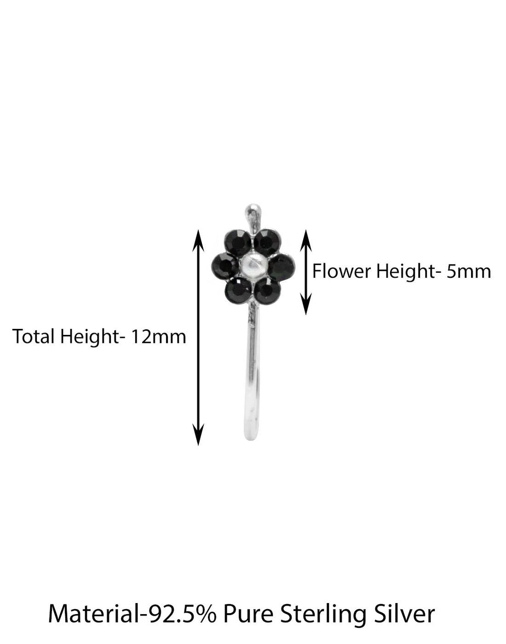 92.5 Sterling Silver Flower Clip on Nose Pin with Black Cubic Zirconia Stones