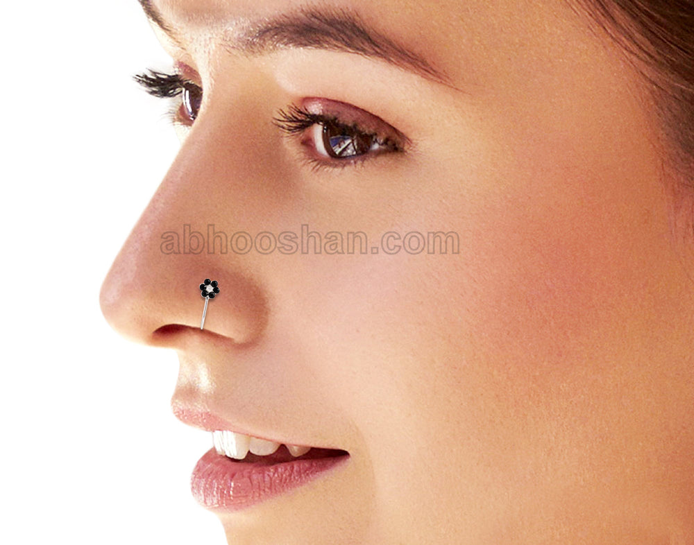 92.5 Sterling Silver Flower Clip on Nose Pin with Black Cubic Zirconia Stones
