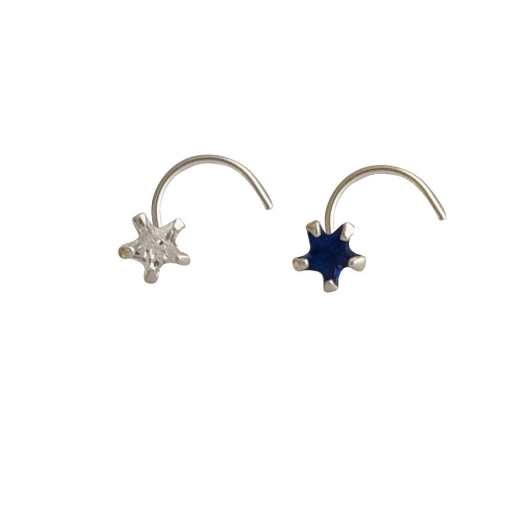 Combo of Star Shape Blue and White CZ Stone Nose Pin with wire in 92.5 Silver