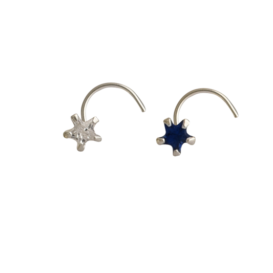 Combo of Star Shape Blue and White CZ Stone Nose Pin with wire in 92.5 Silver