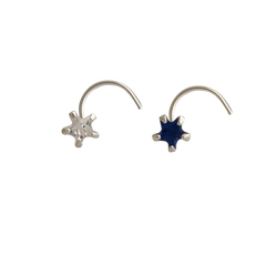 Combo of Star Shape Blue and White CZ Stone Nose Pin with wire in 92.5 Silver