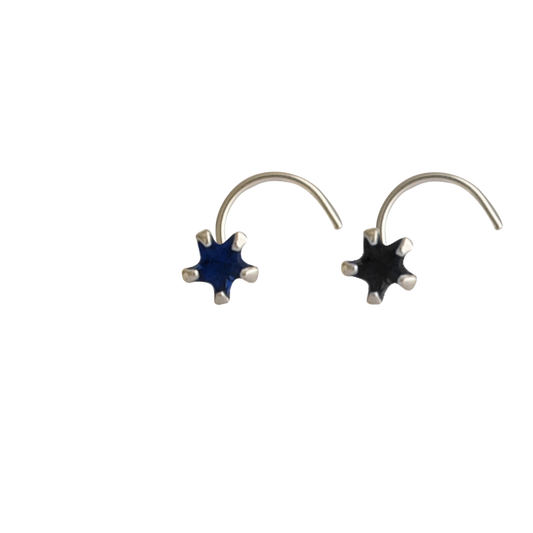 Combo of Star Shape Blue and Black CZ Stone Nose Pin with wire in 92.5 Silver