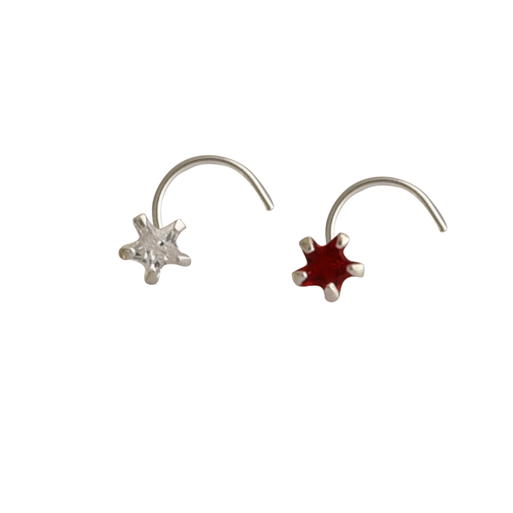 Combo of Star Shape Red and White CZ Stone Nose Pin with wire in 92.5 Silver