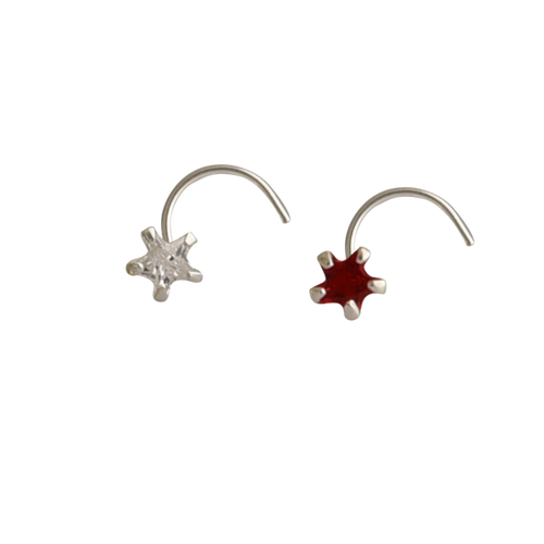 Combo of Star Shape Red and White CZ Stone Nose Pin with wire in 92.5 Silver - Default Title - Abhooshan