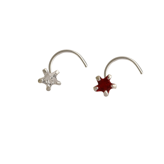 Combo of Star Shape Red and White CZ Stone Nose Pin with wire in 92.5 Silver