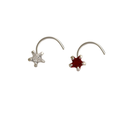 Combo of Star Shape Red and White CZ Stone Nose Pin with wire in 92.5 Silver