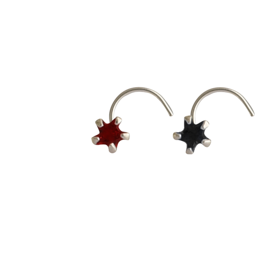 Combo of Star Shape Red and Black CZ Stone Nose Pin with wire in 92.5 Silver