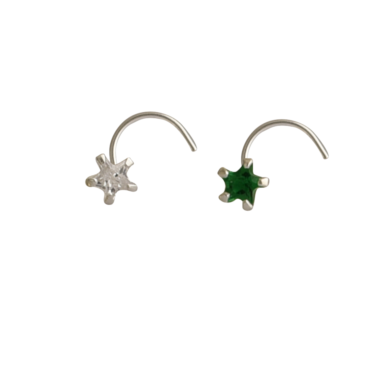 Combo of Star Shape Green and White CZ Stone Nose Pin with wire in 92.5 Silver