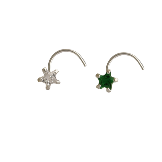 Combo of Star Shape Green and White CZ Stone Nose Pin with wire in 92.5 Silver