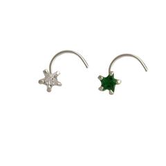 Combo of Star Shape Green and White CZ Stone Nose Pin with wire in 92.5 Silver