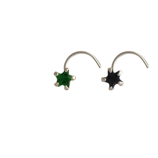 Combo of Star Shape Green and Black CZ Stone Nose Pin with wire in 92.5 Silver