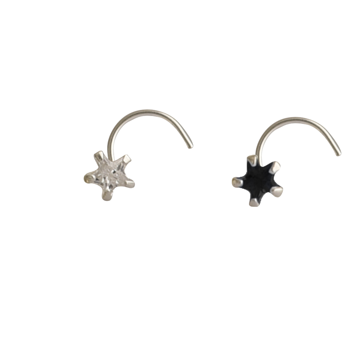 Combo of Star Shape Black and White CZ Stone Nose Pin with wire in 92.5 Silver