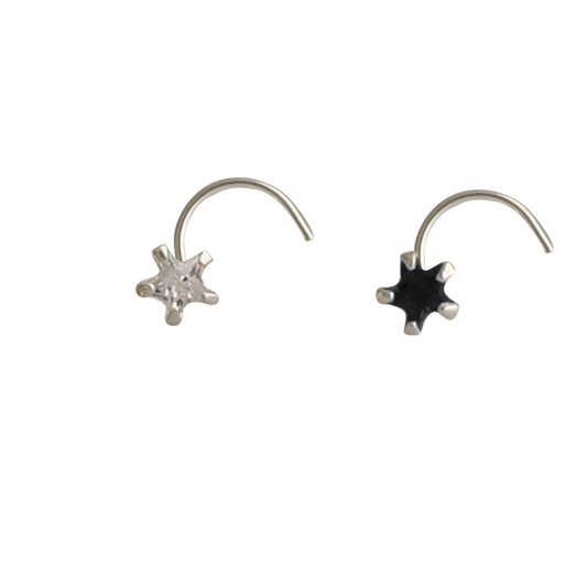 Combo of Star Shape Black and White CZ Stone Nose Pin with wire in 92.5 Silver