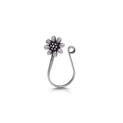 Oxidized Flower Light Weighted Clip on Nose Pin in 92.5 Silver