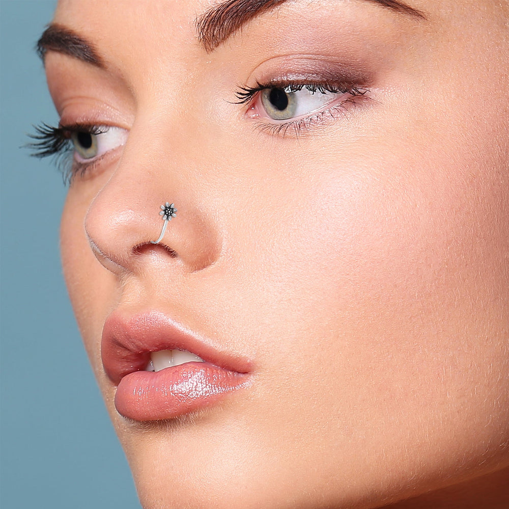 Oxidized Flower Light Weighted Clip on Nose Pin in 92.5 Silver