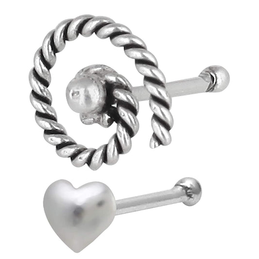 Combo of 92.5 Sterling Silver Spiral and Heart Shape Nose Stud