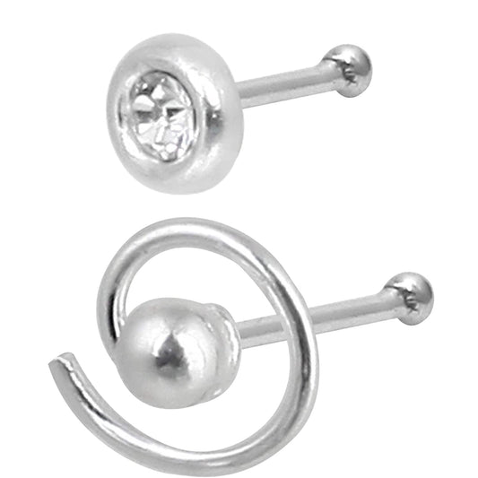 Combo of 92.5 Sterling Silver Spiral Shape with White Cz Nose Stud