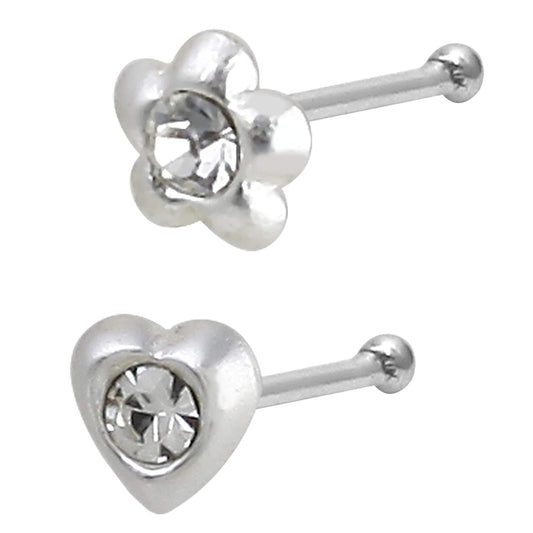 Combo of 92.5 Sterling Silver Tiny Flower and Heart Shape with White Cz Nose Stud