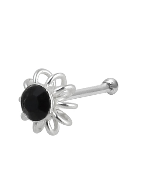 Flower Shape Black CZ Nose Stud in 92.5 Silver - Default Title - Abhooshan