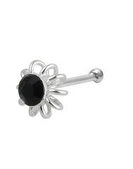 Flower Shape Black CZ Nose Stud in 92.5 Silver