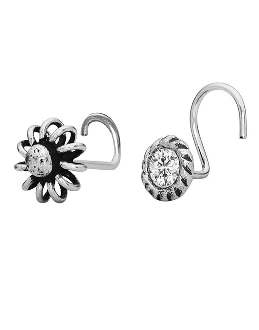 Combo of 92.5 Sterling Silver Flower and White CZ Nose Pin