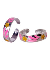 Colorful Pair of Star Engraved Enamel Toe Rings in 925 Silver