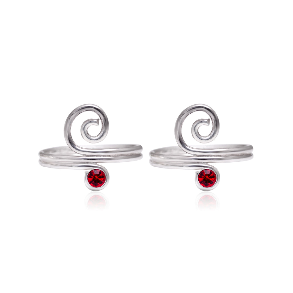 Pair of chic 925 Silver Toe rings in Red Cubic Zirconia