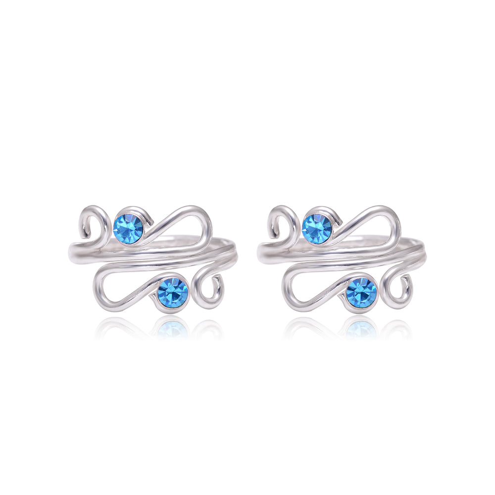 Pair of gorgeous 925 Silver Toe rings in Blue Cubic Zirconia