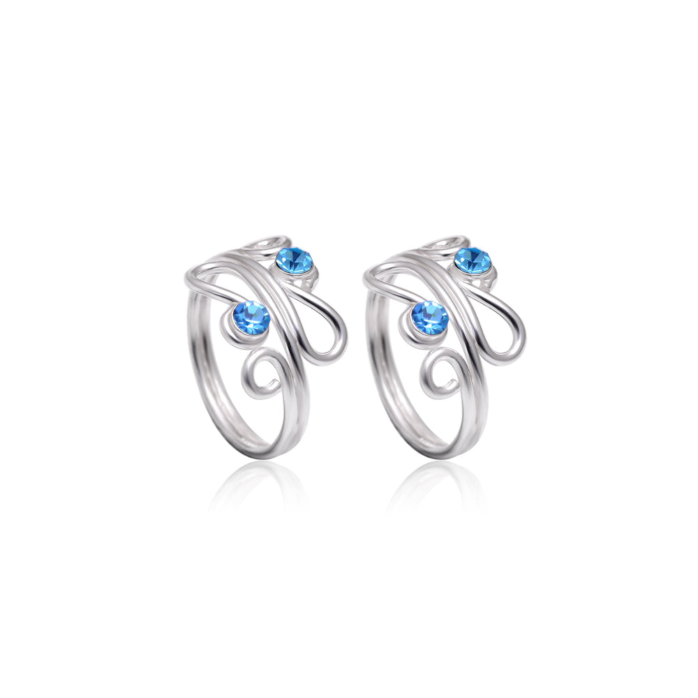 Pair of gorgeous 925 Silver Toe rings in Blue Cubic Zirconia