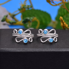 Pair of designer Adjustable Toe rings in Blue Cubic Zirconia in 925 Silver