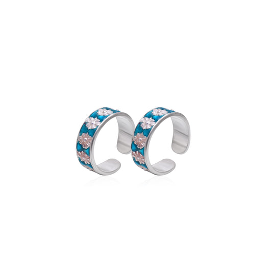 Colorful pair of Blue Enamel Toe Rings Bichiya in 925 Sterling Silver