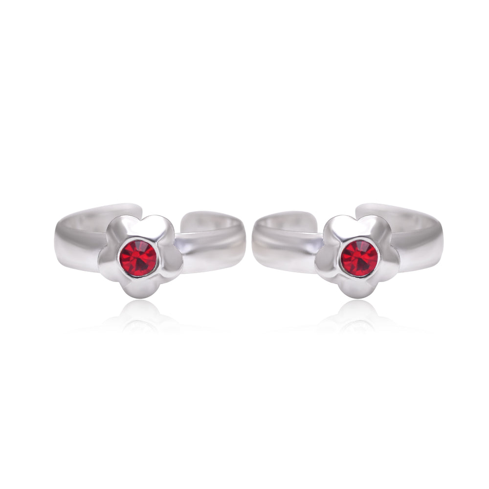Floral pair of Red Cubic Zirconia Adjustable 925 Silver Toe Rings