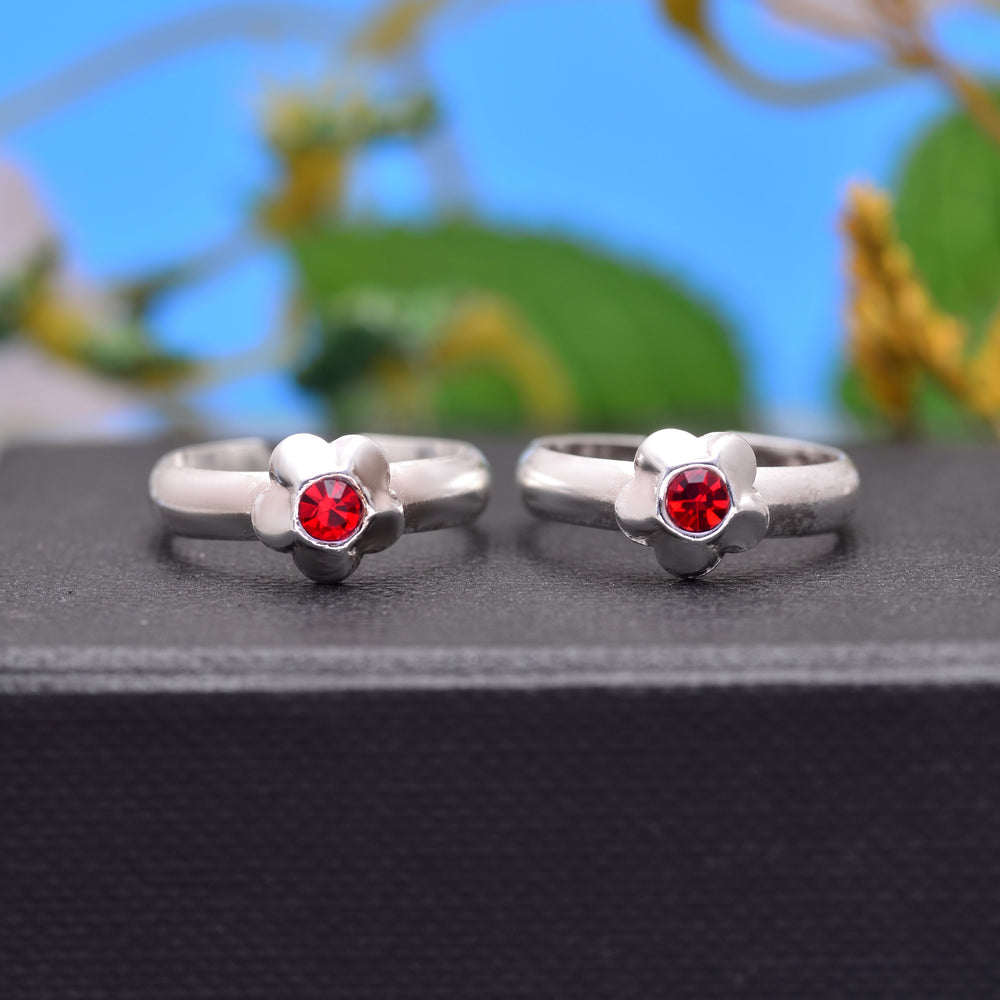 Floral pair of Red Cubic Zirconia Adjustable 925 Silver Toe Rings