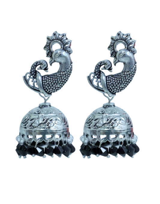 Designer Pair of Peacock Stud Jhumkis in Silver Alloy With Black Beads