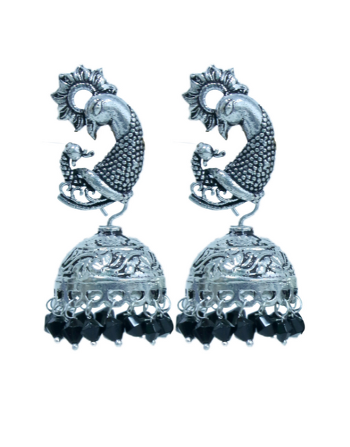 Designer Pair of Peacock Stud Jhumkis in Silver Alloy With Black Beads - Default Title - Abhooshan