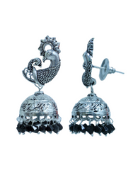 Designer Pair of Peacock Stud Jhumkis in Silver Alloy With Black Beads