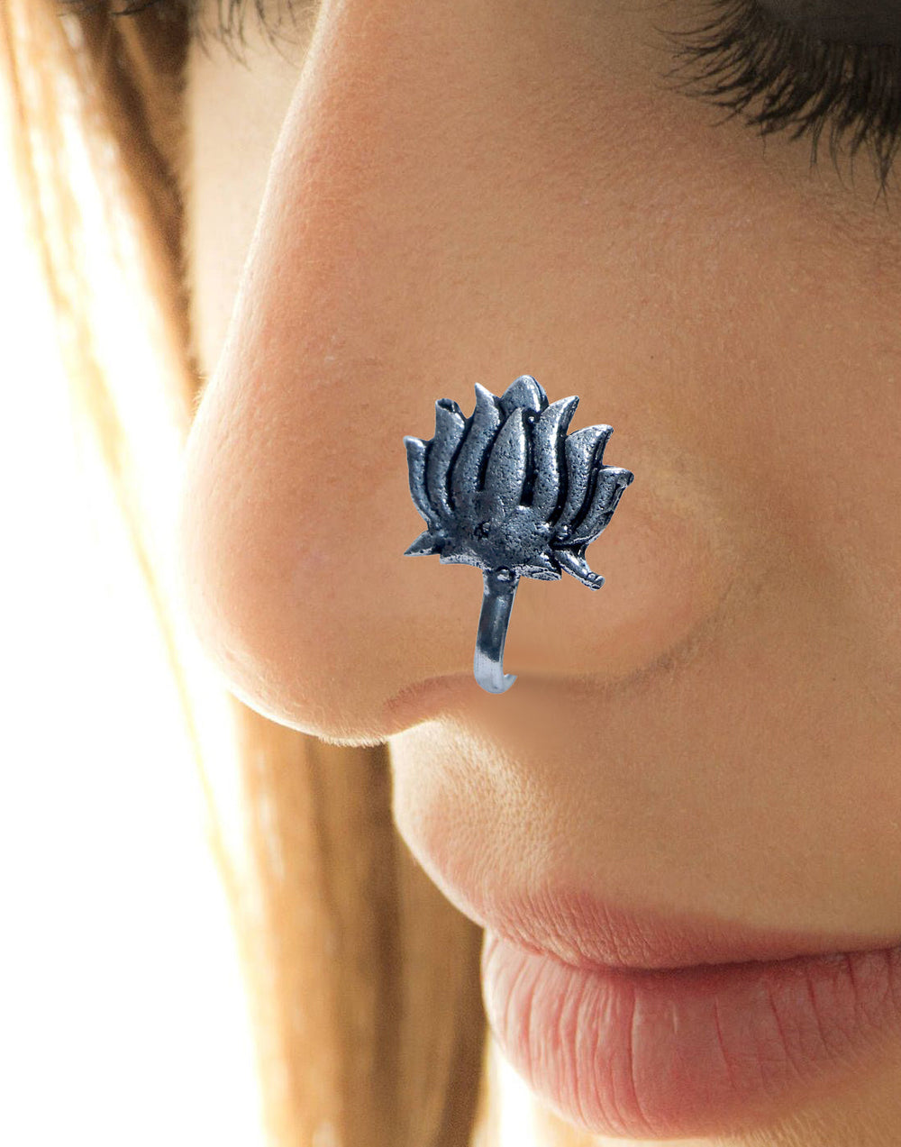 Lotus Clip On Press On Nose Pin in Silver Alloy