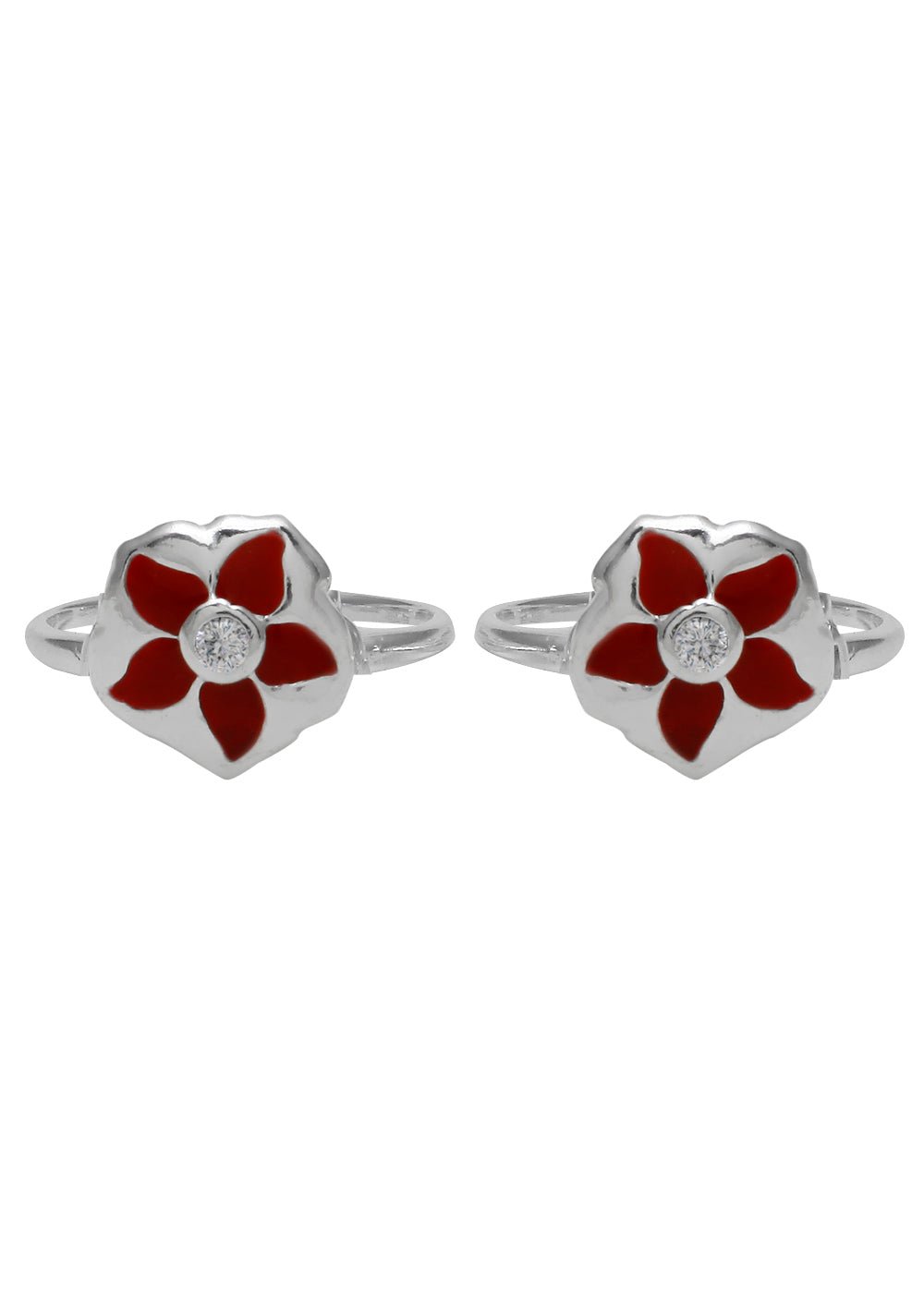Designer Red Enamel and Cubic Zirconia Toe Rings in 92.5 Sterling Silver - Toe Rings