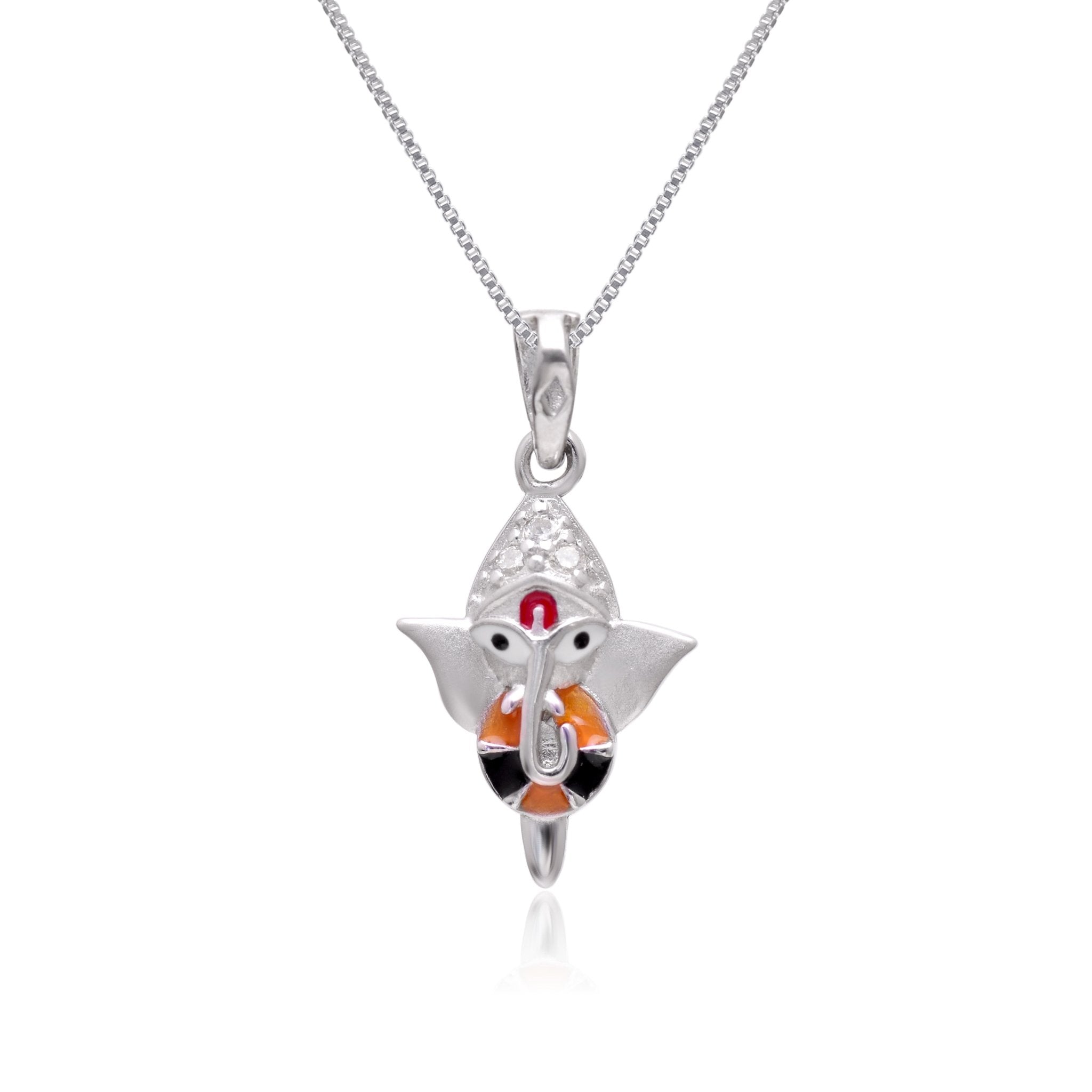 Ganesha 92.5 Sterling Silver and Enamel Unisex Pendant with Cz Stones and 18 inch Chain - Pendants