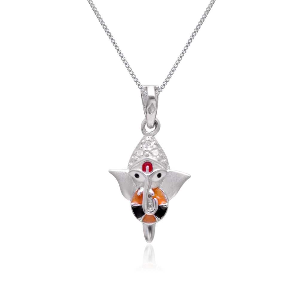 Ganesha 92.5 Sterling Silver and Enamel Unisex Pendant with Cz Stones and 18 inch Chain - Pendants