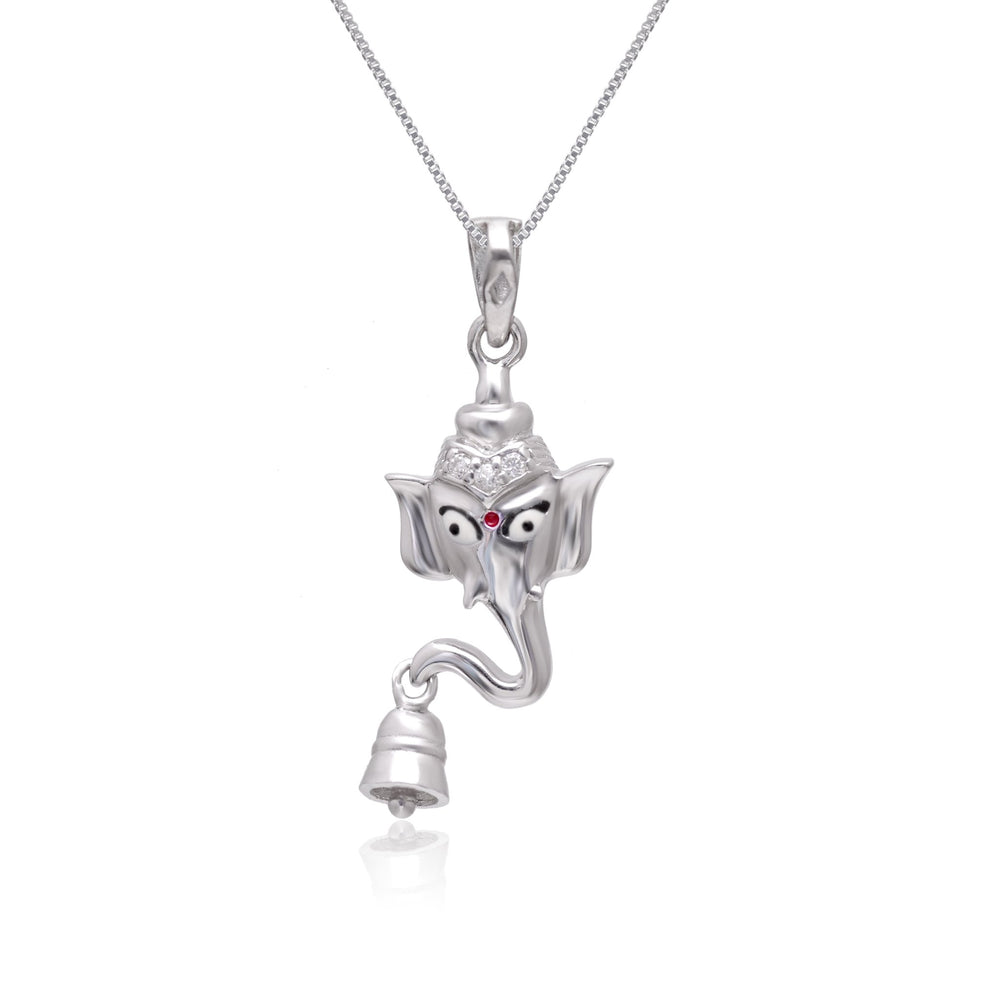 Ganesha with Temple Bell 92.5 Sterling Silver Unisex Pendant with Cz Stones - Pendants