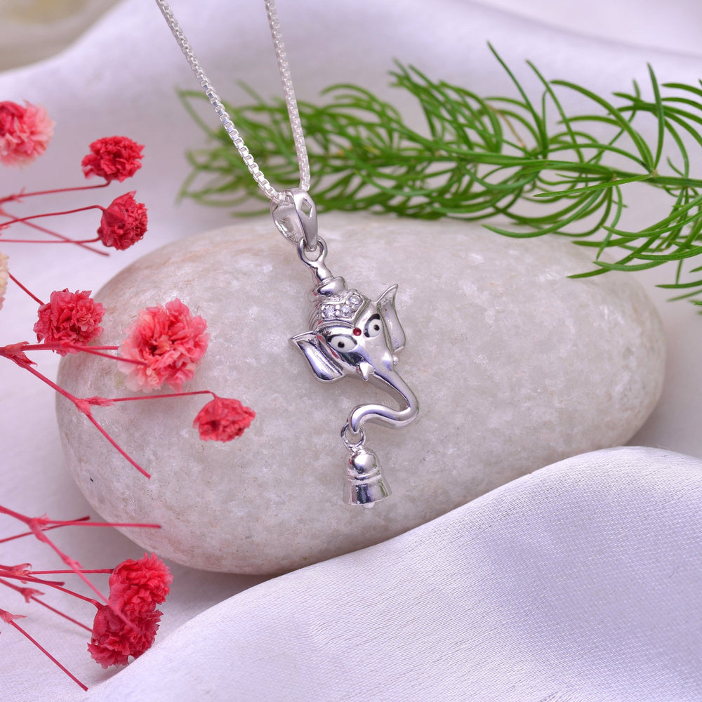 Ganesha with Temple Bell 92.5 Sterling Silver Unisex Pendant with Cz Stones - Pendants