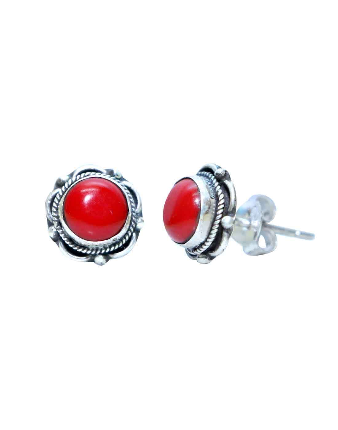 Good Looking Red Coral Stone Studs in 92.5 Sterling Silver - Studs