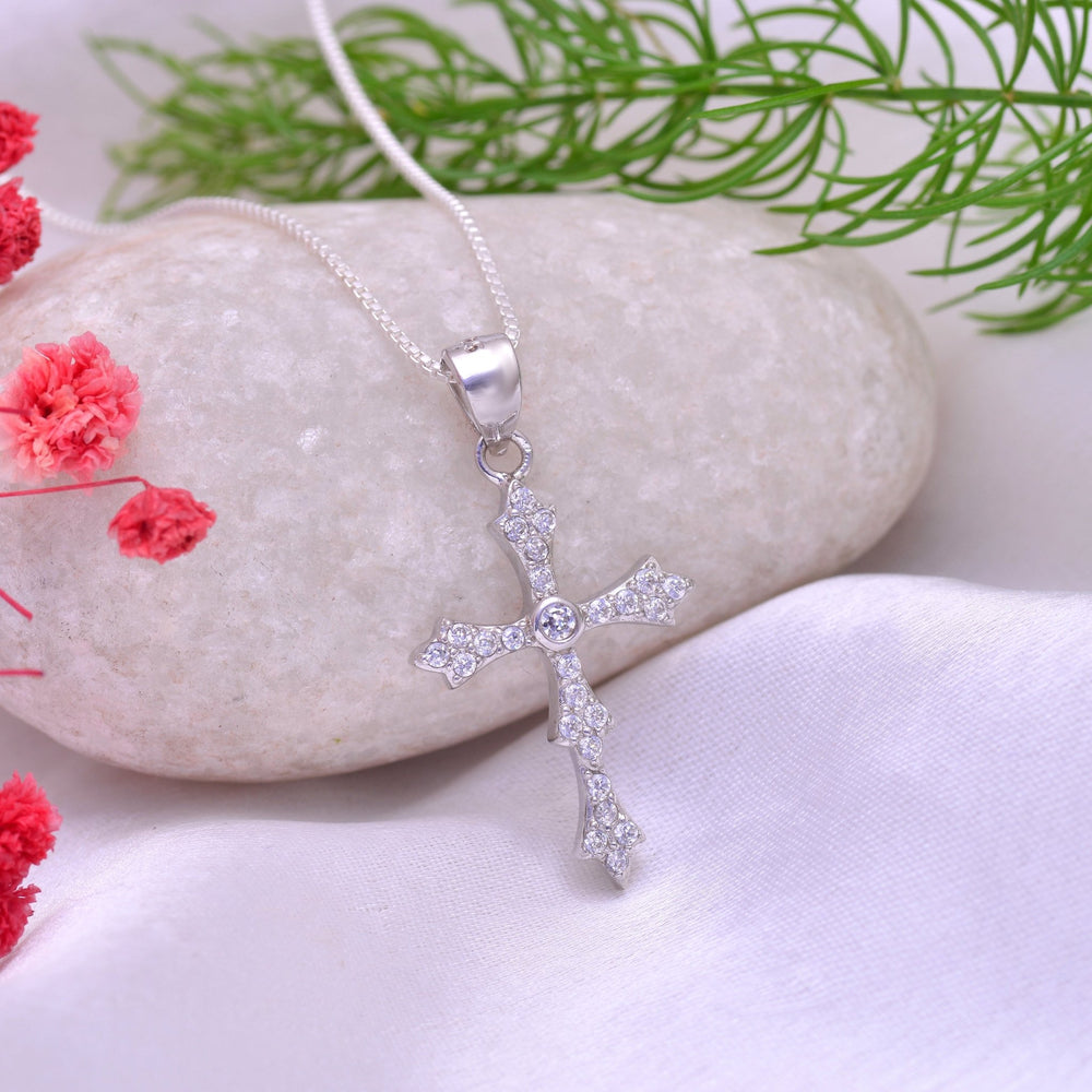 Holy Cross Pure 92.5 Sterling Silver Unisex Pendant with Cz Stones - Pendants