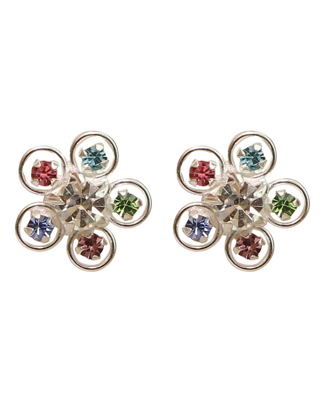 Multicolor CZ Flower shape Stud Earrings in 92.5 Silver - Studs