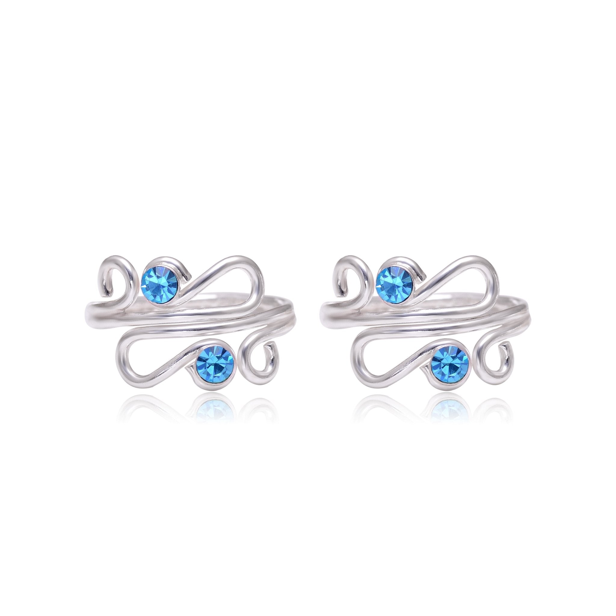 Pair of gorgeous 925 Silver Toe rings in Blue Cubic Zirconia - Toe Rings