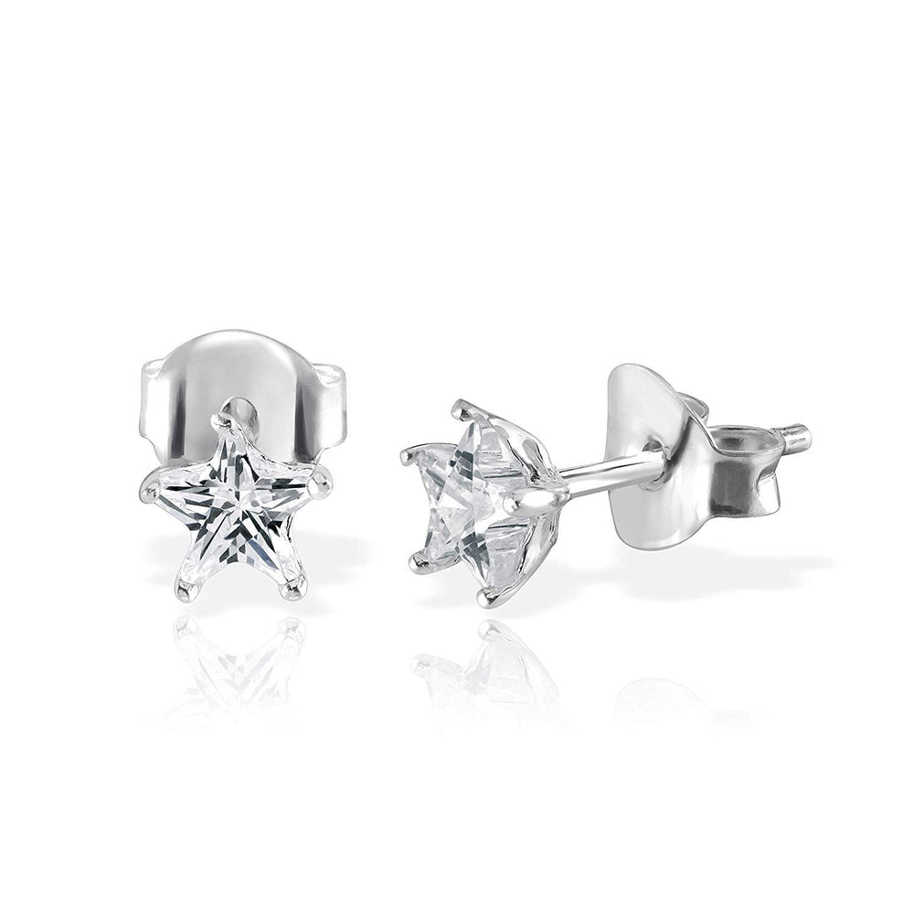 Pair of Star shape 4mm Single White Cubic Zircon (CZ) Stone Solitaire Stud 925 Silver Earrings - Studs